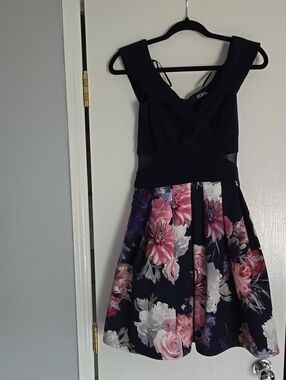 BA Nites Navy Prom/Graduation Dress with Pink and Cream Floral Skirt